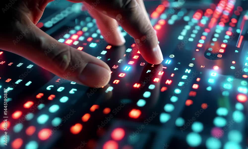 Poster a hand reaches out to touch a luminous digital surface, showcasing an array of colorful data points 
