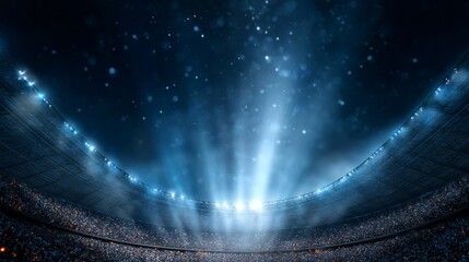 Under a clear night sky, a magnificent sports stadium glows with blue hues, captivating thousands of eager fans gathered for a thrilling athletic event, building anticipation