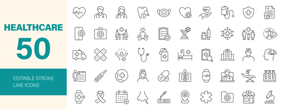 Healthcare icon set. Containing medicine, hospital, doctor, nurse, ambulance, medical, treatment, pills, mental care and more. Editable line icons. Vector illustration.