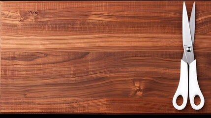 Elegant stainless steel scissors resting on a smooth, textured wooden surface