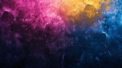 Fototapeta premium A bold, colorful grainy gradient of blue, pink, and yellow with smoky paint splashes on black—ideal for futuristic, tech-themed, or festive design presentations, banners, and wallpapers.