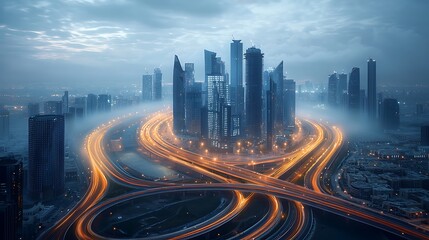 Fototapeta premium Modern city skyline at dawn, roads and towers