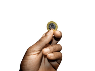 Black African Hand holding single one 1 Ghanaian cedi coin isolated on transparent background. Hand...