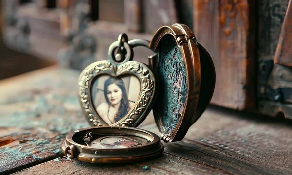 A beautifully crafted heart-shaped locket sits open on a weathered wooden table, revealing a vintage videograph of a woman, evoking nostalgia and love.