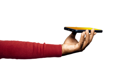 Outstretched Black African hand in red long sleeves body con sweater holding mobile phone with yellow screen isolated on transparent background. Lift raise showing front side view screen facing up