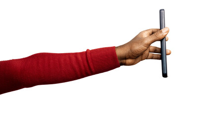 Outstretched Black African hand in red long sleeves body con sweater holding pointing mobile phone screen to the right isolated on transparent background. Lift raise showing side view screen facing up