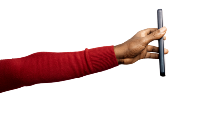Outstretched Black African hand in red long sleeves body con sweater holding pointing mobile phone screen to the right isolated on transparent background. Lift raise showing side view screen facing up