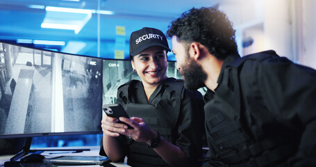 Happy people, security guard and night with phone for surveillance or supervision at protection...