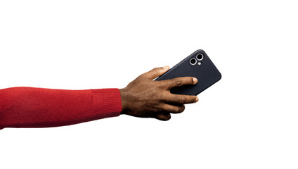 Outstretched Black African hand in red long sleeves body con sweater holding mobile phone isolated on transparent background. Lift raise showing back facing view