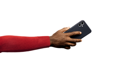 Outstretched Black African hand in red long sleeves body con sweater holding mobile phone isolated on transparent background. Lift raise showing back facing view