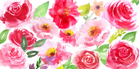 Background with roses and flowers in watercolour style in vector.