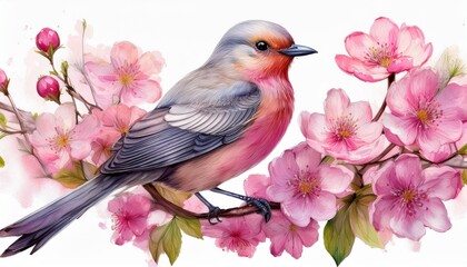Bird and pink flowers watercolor spring illustration botanical floral painting, hand painte