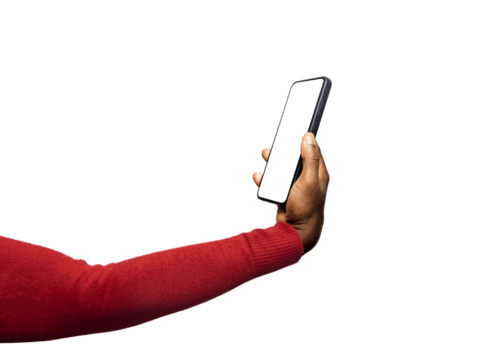 Outstretched Black African hand in red long sleeves body con sweater holding mobile phone with blank yellow screen isolated on transparent background. Lift raise showing Three quarter view