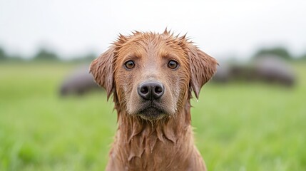 Obraz premium Wet golden retriever puppy looking directly at the camera in a green grassy field.