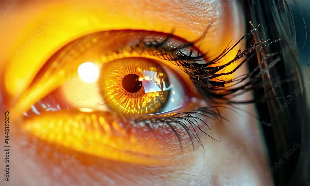 Poster this close-up showcases a mesmerizing eye illuminated by soft warm light, revealing the intricate pa
