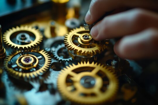 A hand fine-tunes golden gears in a clockwork system, illustrating meticulous craftsmanship and mechanical harmony.