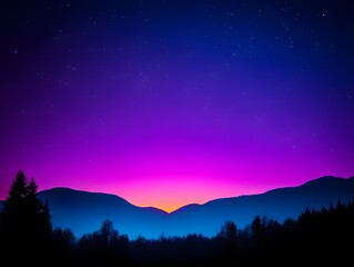 Fototapeta premium Vibrant Sunset Sky over Silhouetted Mountains at Night Starry Sky Landscape