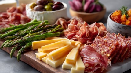 An exquisite assortment of cured meats and cheeses artfully arranged alongside grilled asparagus and marinated olives invites guests to indulge in gourmet flavors. Perfect for gatherings