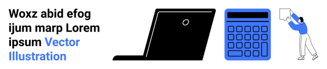 Man holding up chart near laptop and calculator, emphasizing teamwork, data analysis, financial planning. Ideal for business, technology, education, management, accounting presentations simple