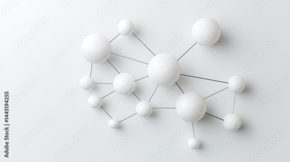 Poster abstract network of white spheres connected by thin lines on a light background.