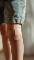 Close-up of child's leg with beige adhesive bandage on knee, wearing denim shorts, showcasing child's skin and simple first aid