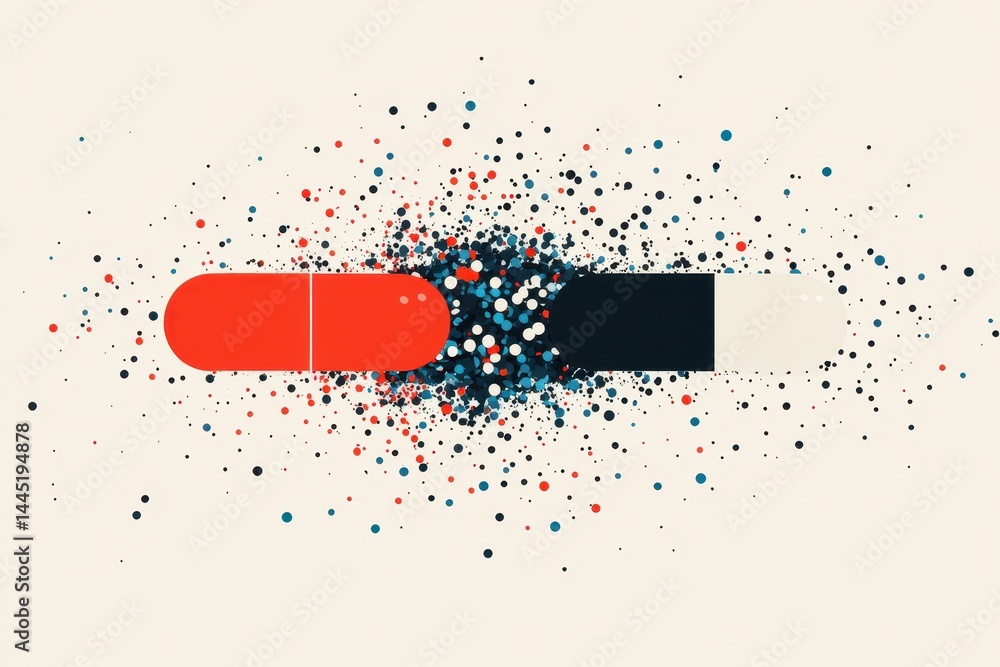 Poster colorful abstract representation of two capsules with splatter effect