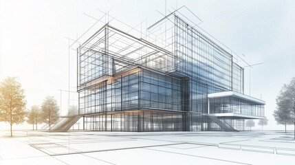Fototapeta premium drawing of a modern office building with sustainable design features, made on tracing paper