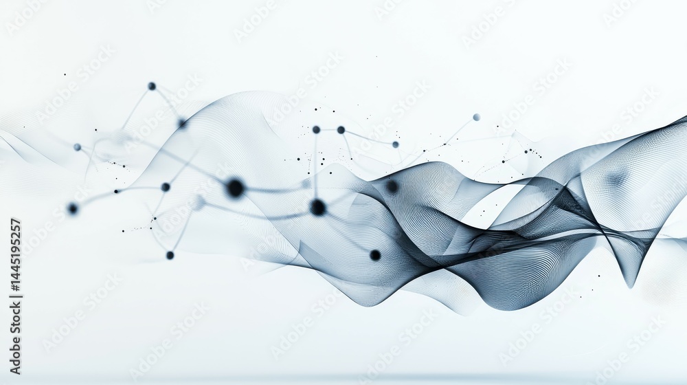 Poster abstract wave design in soft blue and gray tones with flowing lines and dots.
