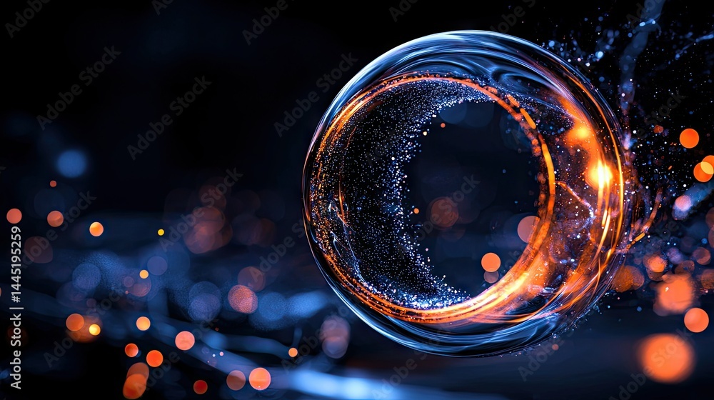 Poster abstract swirling sphere of luminous energy in deep space.