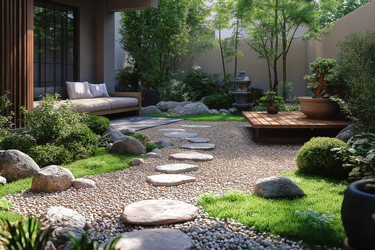 Petit jardin zen japonais moderne avec terrasse en bois, pas japonais, mousse verte, pierres d&eacute;coratives et v&eacute;g&eacute;tation soign&eacute;e en lumi&egrave;re naturelle