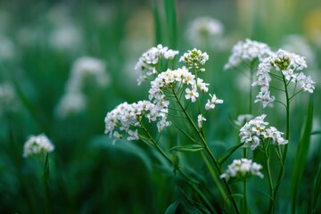 Fototapeta premium Delicate white wildflowers bloom in a lush green field, creating a serene and peaceful atmosphere.