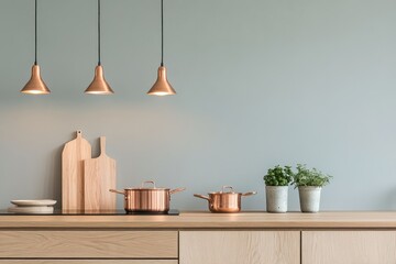 Minimalist kitchen design with copper pots, wooden cutting boards, and pendant lights against a light green wall.
