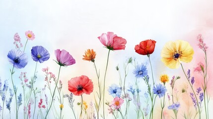 Colorful wildflowers in watercolor style held gently against a bright and minimalist background, capturing freshness and simplicity