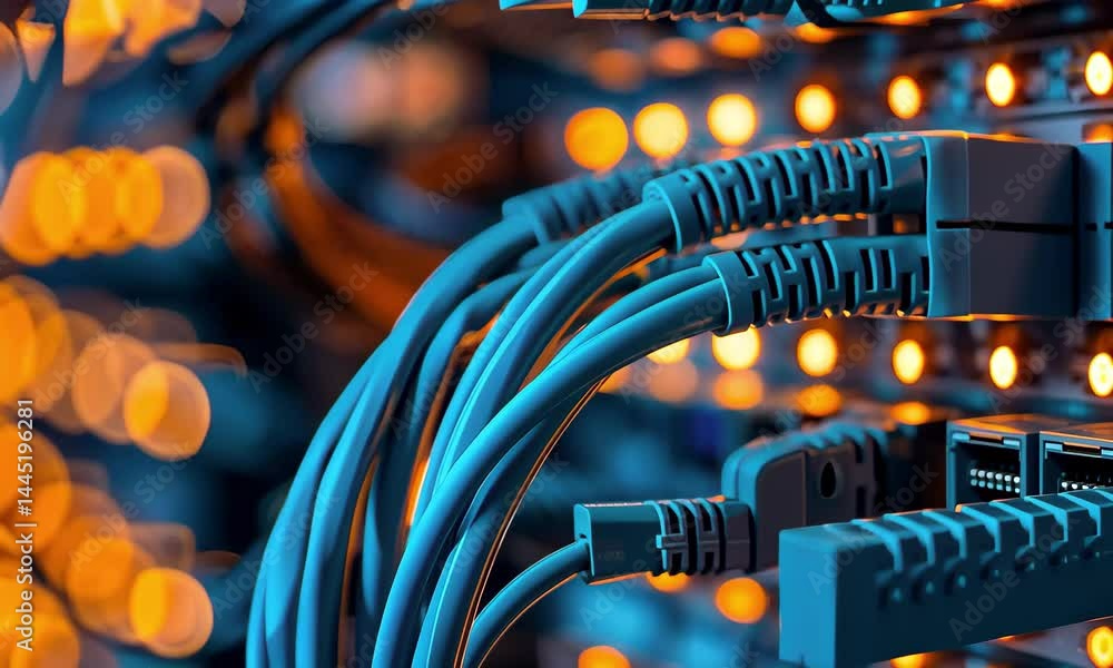 Poster detailed view of vibrant network cables illuminated by soft lights in a data center, showcasing the 