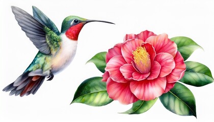 Obraz premium Sea birds. Tropical bird watercolor. Hummingbird and Camellia flower. Botanical illustratio
