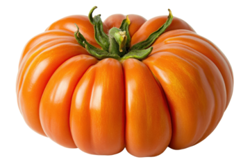 A plump juicy heirloom tomato rich orange hue perfect for summer salads vibrant against white