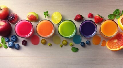 Dlicieux smoothies color dans des verres, entour de fruits tropicaux vari, possur un fond en bois clair, parfait pour un style naturel