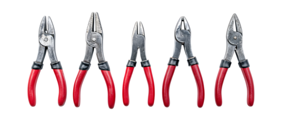 Set of Pliers in Five Different Poses Against Transparent Background for Tool Branding, Workshop Illustrations, or DIY Equipment Projects