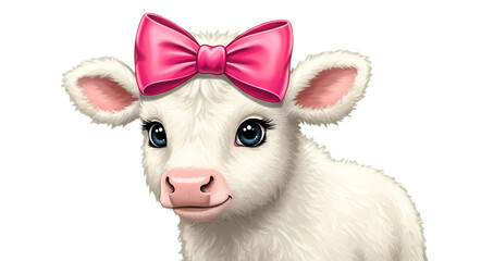 Cute white calf with a pink bow on its head stands against black.