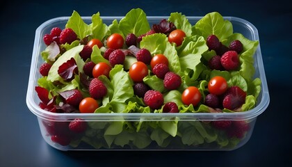 A refreshing and colorful salad filled with lettuce, raspberries, and cherry tomatoes.