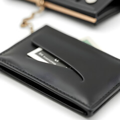 Finance essentials with black leather wallet neatly placed on clean white background
