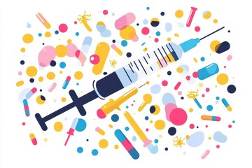 Colorful Illustration of Syringe and Various Medical Pills and Capsules