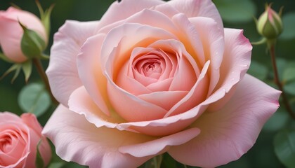 A stunning close-up of a perfect, blush pink rose blooming with soft petals in a garden.
