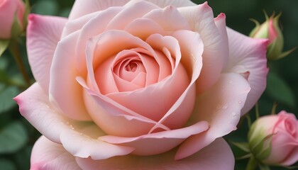 A breathtaking view of a soft pink rose, captured in a detailed close-up view with a blurred background.