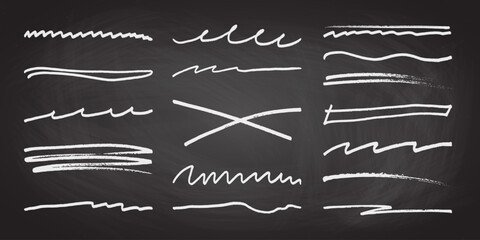Underline stroke chalk scribbles doodle line collection on chalkboard. Hand drawn outline sketch wave brush mark elements crosshatch rough dividers set for text highlight underline emphasis