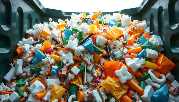 pile of waste foam and plastic in bin.non degradable waste that is destroying nature, colorful. with white shades