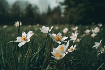 Delicate white wildflowers bloom in a lush green field, bathed in soft, natural light. A serene and peaceful scene.