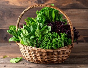 Naklejka premium Fresh assorted greens in woven basket against wooden background