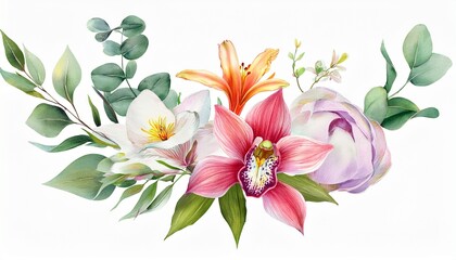 Fototapeta premium Spring flower watercolor floral. Peony, lily, orchid eucalyptus leaves botanical illustrati