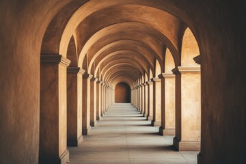 Fototapeta premium Dramatic corridor of repeating arches, creating a sense of infinite depth and historical elegance in warm, earthy tones.